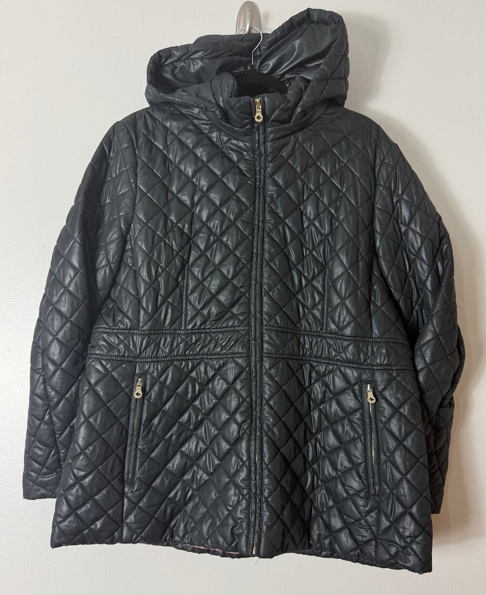 KATE SPADE COAT XL BLACK QUILTED HOODED PUFFER ANORAK JACKET ZIPPER MINIMALIST
